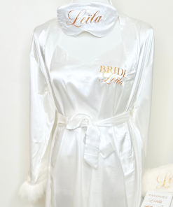 Peignoir satin à plume + nuisette